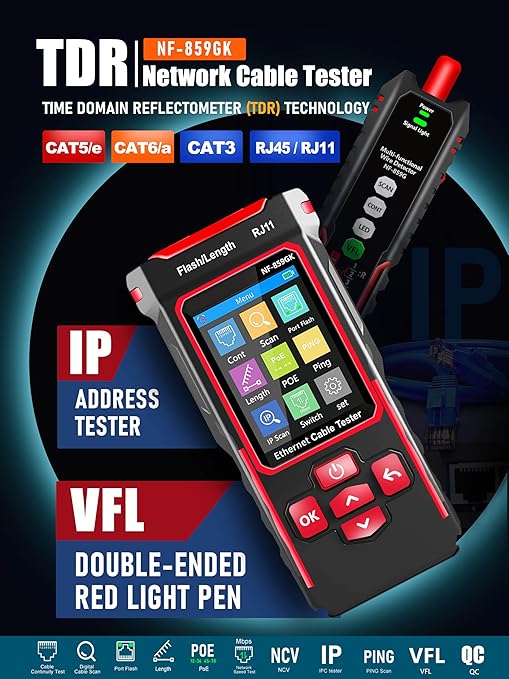 NF-859GK Network Cable Tester with lP Tester,VFL 10mwVisual Fault Locator,PING/POE/RJ45 RJ11 TDR CAT5CAT6 Cable Toner Ethernet Tester for Phone LinesCAT3,Wire Tracer LAN Network Tool