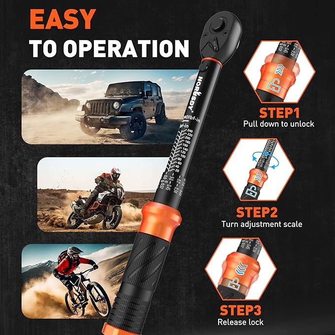 HORUSDY 1/4" Torque Wrench 4PCS Set, 20-240 in-lb Click Torque Wrench with 3" Extension Bar & 1/4" to 3/8" Adapter, Cr-V Inch Pound Torque Wrenches for Bike, Motorcycle & Small Engine Repair