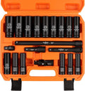 HORUSDY 1/2" Drive Impact Socket Set, 20 Pcs Metric (10mm - 24mm) Deep Socket Set, 6 Point, Cr-V, Includes 1/2-Inch Drive Ratchet Handle, Extension Bar, Universal Joint and Adapter