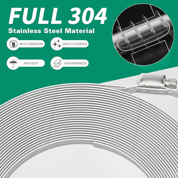 30FT Hose Clamps,304 Stainless Steel Hose Clamp Assortment Kit DIY Metal Strapping with Holes+15 Fasteners,Adjustable Worm Gear Large Hose Clamps Metal Band Screw Clamp Straps for Pipe,Duct,Tube