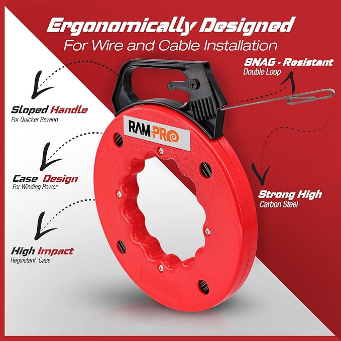Fish Tape Wire Puller 50ft - Easy to use Cable Puller Tool with Double Loop Tip - Flexible Wire Fishing Tools for Walls and Electrical Conduit - 1/8 Steel Fish Tape Durable Housing - RamPro