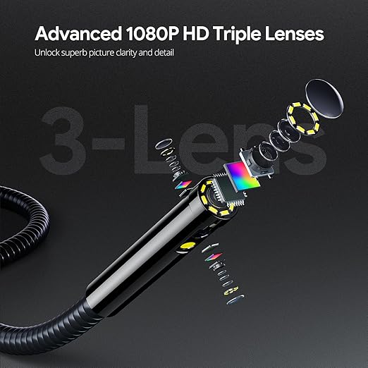 DEPSTECH Endoscope, 7'' IPS Screen Borescope Camera with Light, Triple-Lens Inspection Camera with Sound Recording, 1080P HD 7.9 mm Snake Camera, 16.5ft Gooseneck Camera for Automotive Wall Pipe HVAC