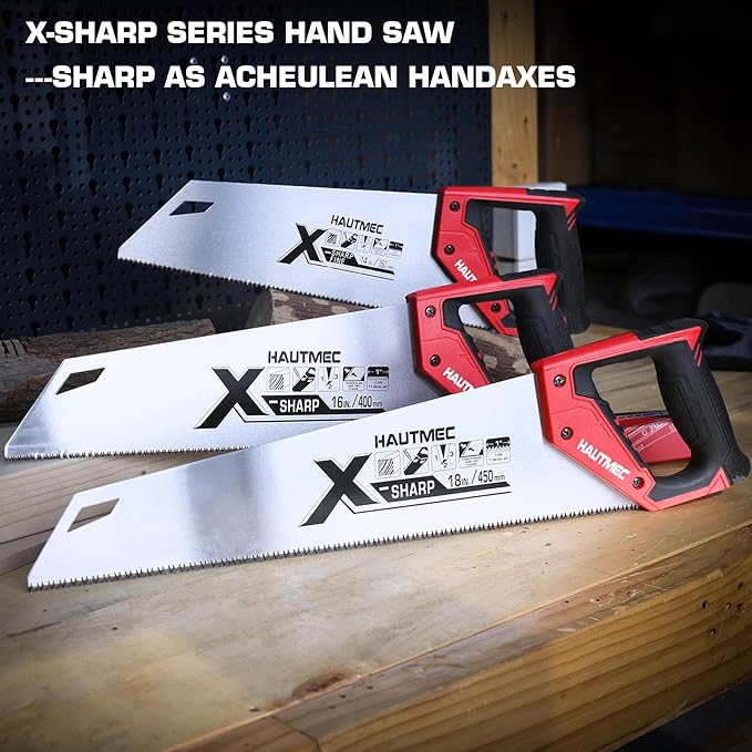 HAUTMEC 14-Inch X-Sharp Pro Hand Saw, Universal Wood Saw with 12 TPI Triple Ground Teeth, Thickened Carbon Steel Blade & Ergonomic Handle, Multi-Use Handsaw for Wood, Plastic, Drywall, PVC – HT0295
