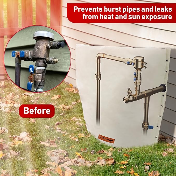 Redford Supply Co. Cold Snap (0°F) Backflow Preventer Insulation Cover, 2-Way Custom, 36"W x 24"H, Pipe Insulation, Water Sprinkler Covers for Outside, Sprinkler Backflow Cover for Winter (Beige)