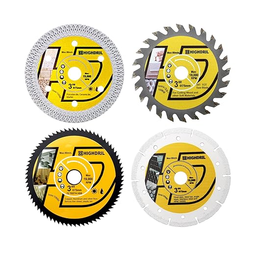 HIGHDRIL 3" 75mm Circular Saw Blade Set 4pcs - Diamond/HSS/TCT Cutting Disc for Angle Grinder Cutting Metal Copper Aluminum Tile Marble Granite Plastic Wood