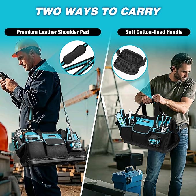 DURATECH 18-Inch Large Tool Bag with Waterproof Hard Bottom, Tool Bags for Men Heavy Duty with 19 Pockets, Wide Open Mouth Toolbag for Electricians Mechanic Plumber HVAC