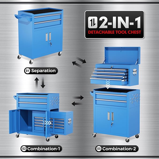 INTERGREAT 8 Drawer Rolling Tool Chest, Assembled Tool Chest with Wheels, 2-in-1 Detachable Steel Toolchest Organizer Combo, Tool Cabinet for Garage, Workstation (Blue)