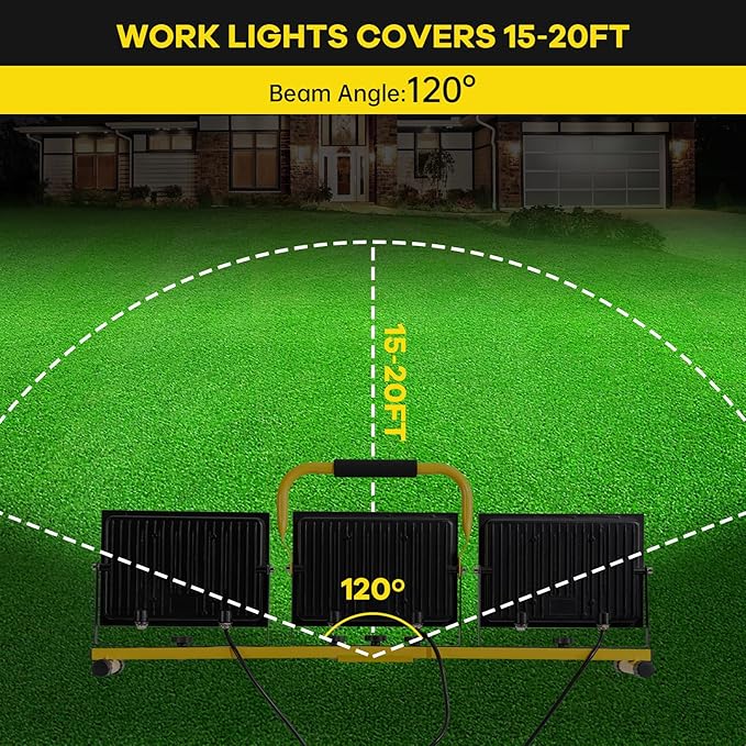 30000 Lumen LED Work Light with Stand, 3 Adjustable Head Portable Work Light with 324 Super-Powerful LED Lamp Beads and 16.4FT Cord, Waterproof Tripod Work Lights with 6500 Kelvin Color Temperature