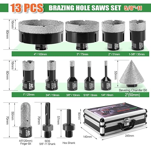 Diamond Hole Saw Kit Tile Drill Bits, 13 PCS Diamond Core Drill Bits Set 6/8/10/19/25/35/51/75/100mm+50mm Chamfer Saw +20mm Finger Bit+SDS Adapter Porcelain Hollow Drill Hole Saw for Ceramic, Granite