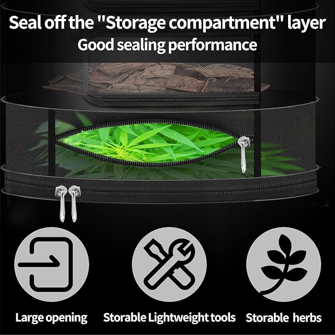 Herb Drying Rack Hanging Mesh Net，Medium 4+1 Layer Plant Drying Rack with Door-Type Zipper & Closed Storage Compartment for Folding Basket Dryer Fit in Grow Tents、Garden Outdoor