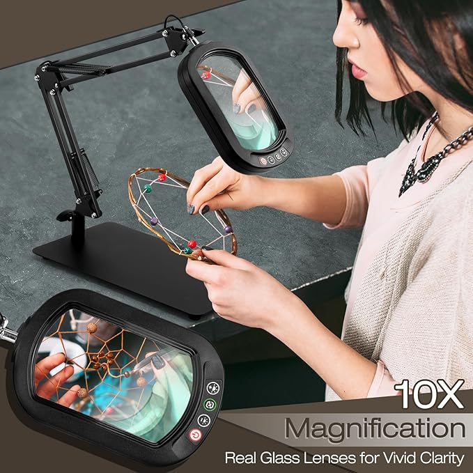 10X Square Magnifying Glass with Light and Stand, Real Glass Lighted Magnifier Hands Free, 5 Color Modes, Brightness Stepless Dimming, 2-in-1 Desk Lamp with Clamp for Close Work, Craft, Hobby, Reading