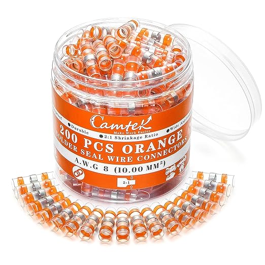 200PCS Solder Seal Wire Connectors Orange 8 AWG, Marine Grade Self Soldering Heat Shrink Wire Connectors Waterproof Insulated Electrical Butt Splice Wire Terminals for Automotive Boat Truck