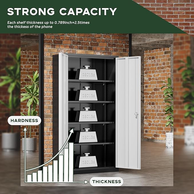Greenvelly Metal Garage Storage Cabinet, 72" Black Gray Tool Steel Locking Cabinet with Doors and 4 Shelves, Tall Cabinets for Garage Storage Systems Lockable File Cabinet for Home Office,Garage