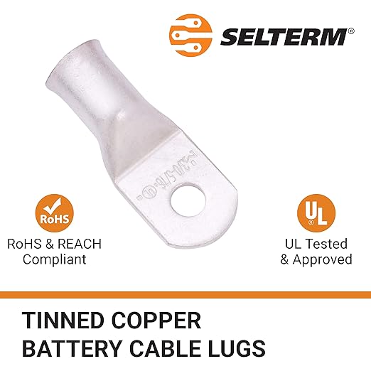 SELTERM 10pcs 3/0 AWG-5/16 Stud Tinned Copper Wire Lugs, Heavy Duty Battery Cable Ends,000 Gauge Ring Terminals, UL Battery Lugs Marine Grade Copper Eyelets Electrical Battery Terminal Connectors