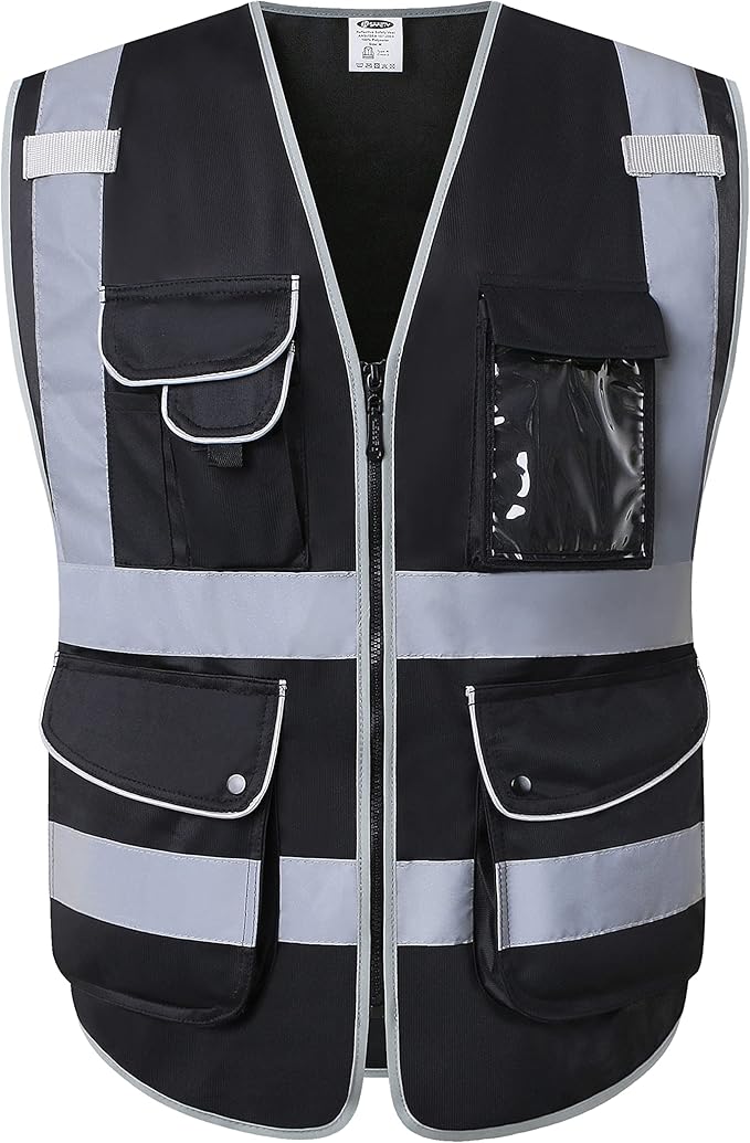 JKSafety 9 Pockets High Visibility Zipper Front Safety Vest With Reflective Strips,Meets ANSI/ISEA Standard (4X-Large, 150-Black)