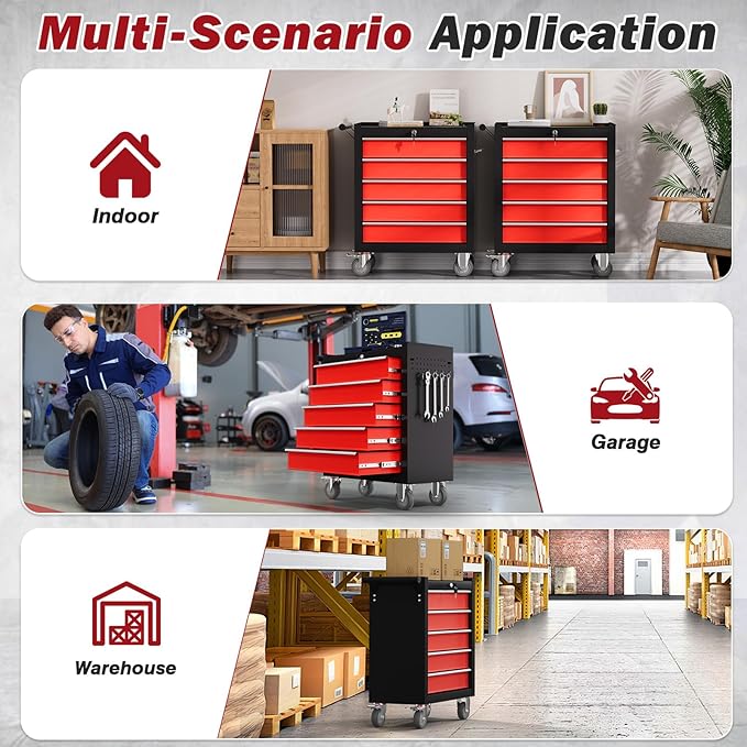 Rolling Tool Chest with Drawers, 5 Drawers Tool Chests & Cabinets, Metal Toolbox with Wheels, Lockable Storage Cabinet, Garage Tool Box with Drawers (BlackRed, 5 Drawers)