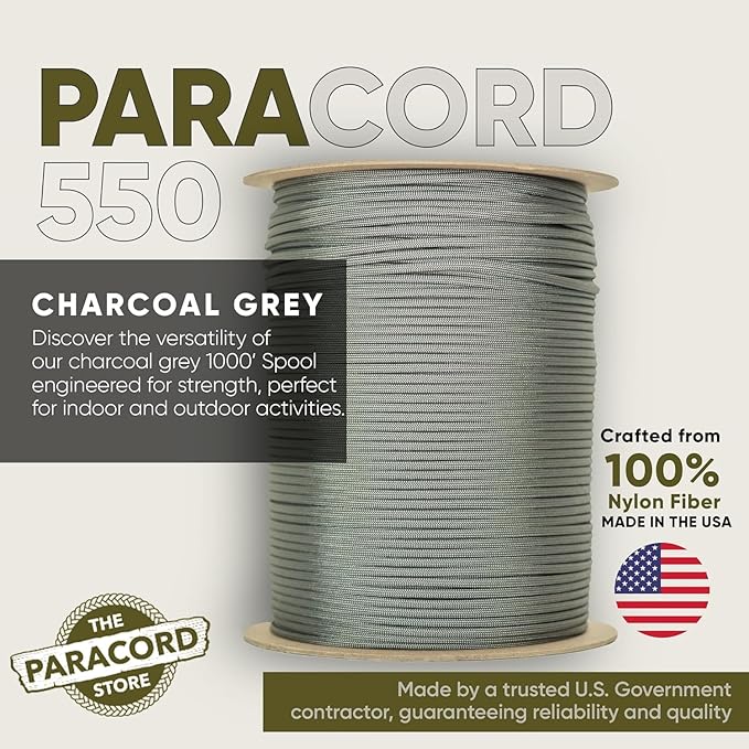 The Paracord Store | Type III 550 Paracord - 250 FT Spool, Charcoal Grey | Heavy Duty 7 Strand Tactical Paracord - USA Made Nylon Outdoor Parachute Cord for Camping, Fishing & More - Survival Cord