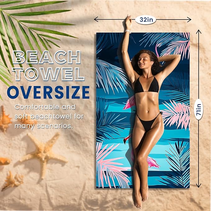 2 Pack Microfiber Beach Towel Oversized 71"x32" Sand Free Quick Dry Absorbent Lightweight Thin , Compact Towels for Travel Swimming Pool Yoga Gym Camping Beach Accessories Vacation Essentials Gift