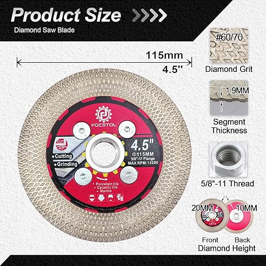 Diamond Tile Saw Blade - 4.5''(115mm) Cutting and Grinding Disc Wheel with 5/8"-11 Flange for Porcelain Ceramic Tile Marble Granite Artificial Stone with X Mesh Rim for Angle Grinder