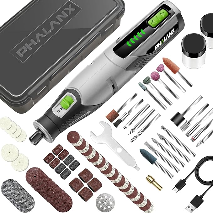 PHALANX Rotary Tool - 4V Cordless Rotary Tool Kit Accessories 80 PCS 2500mAh Li-Ion Battery, Preset 5 Speed Adjustment Grinder Tool for Cutting Sanding Carving Polishing Engraver DIY Crafts