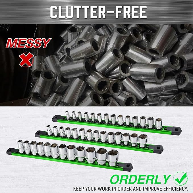 ALOANES 3-Piece Magnetic Socket Organizer, Heavy Duty Aluminum Socket Rails Organizer, 360° Swivel Clips Socket Holder Kit for Tool Box, 3/8-Inch Socket Holder x 42 Clips (Green)