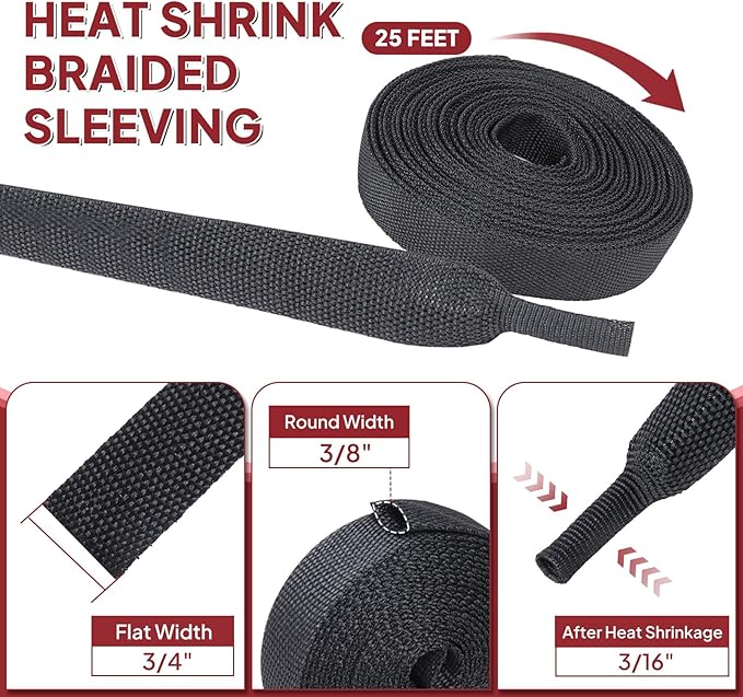 Heat Shrink Braided Sleeving, 2:1 Ratio Shrinkable Fabric Tubing Sleeve Abrasion Protection Cable Wire Sheath (3/8"-25ft)