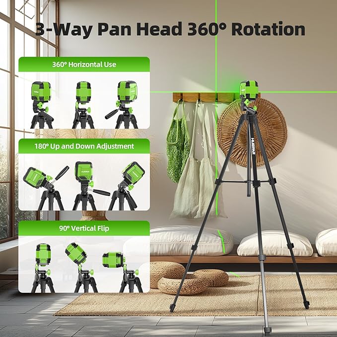 Laser Level with 47in Tripod Self Leveling, HUEPAR 98Ft Laser Level Green Line Laser Cross Line Laser Leveler Tool for Picture Hanging, Tile, Home Renovation, Indoor Project, Battery&Goggles Included