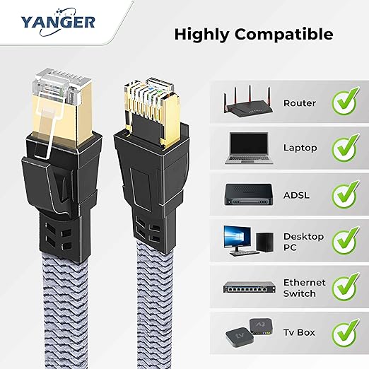YANGER Cat8 Ethernet Cable 100FT，Nylon Braided High Speed Heavy Duty Network LAN Patch Cord, 40Gbps 2000Mhz with Gold Plated RJ45 Connector, Indoor&Outdoor for Modem/Router/Gaming/PC
