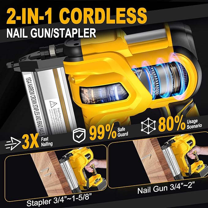 SILVEL 2" Cordless Brad Nailer, 2-in-1 21V Electric Brad Nailer with 2 * 2.0Ah Battery, 1000pcs Nails, 18GA Staples, Adjustable Depth for Woodworking, Home Improvement, yellow