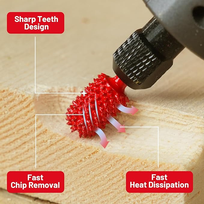 EZARC Tungsten Carbide Rotary Burr, 1/8’’ Shaft Ball Nose Tip Wood Carving Bit, Very Coarse Engraving & Material Removal Tool with Storage Case