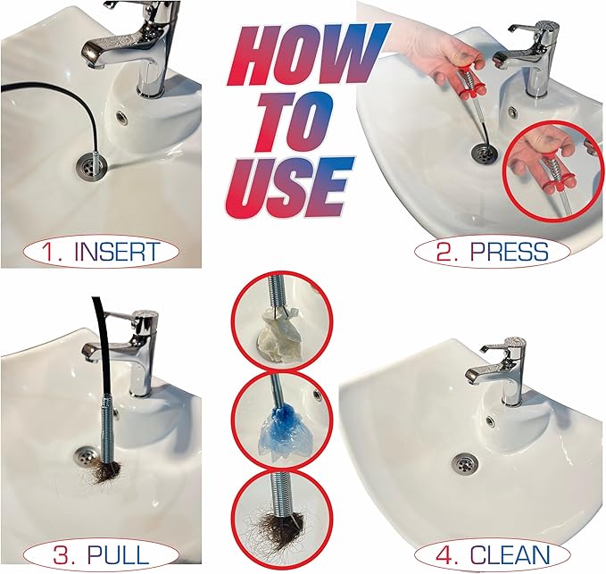 Sink and Toilet Plunger & Hair Clog Remover 34 inch 2 in 1 Kit - Drain Snake and Plunger for Sinks, Kitchens, Toilets, Bathrooms and Showers