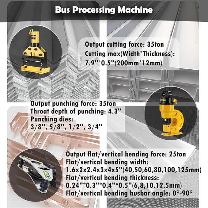 4 in 1 Electric Hydraulic Busbar Processor Busbar Bender Cutter/Hole Puncher/Flat Bending/Vertical Bending Cutting Punching Bending Machine for Iron, Copper, Aluminum 110V