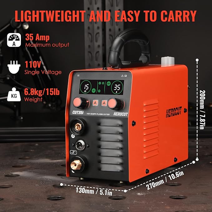 Plasma Cutter, 35Amps HEROCUT Plasma Cutter Machine CUT35i, Screen Display 110V High-Frequency IGBT Inverter Technology Post Flow and 2T/4T, Max Cutting Thickness 10mm for Beginners DIY
