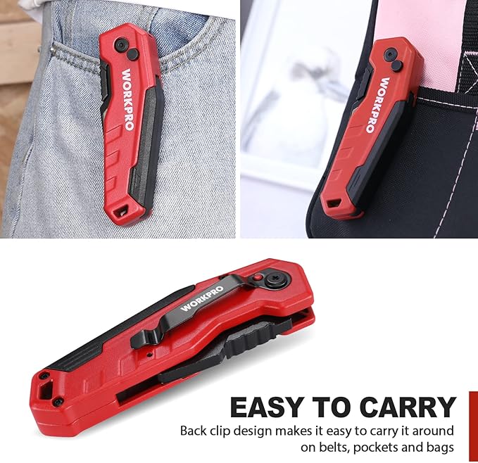 WORKPRO Folding Utility Knife, Quick Change Box Cutter, Razor Knife for Cartons, Cardboard, Boxes, Blade Storage in Aluminum Handle, 13 Extra Blades Included (Red)