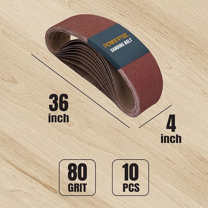 POWERTEC 30 PK 4x36 Sanding Belts, 10 Each of 80/120 Grits w/ 6 Inch 80 Grits PSA Adhesive Discs, Aluminum Oxide 4 x 36 Inch Sanding Belts for Benchtop Belt and Disc Sander, Woodworking (110291)