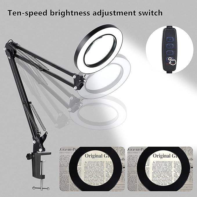 Magnifying Glass with Light and Stand, 3 Color Modes Stepless Dimmable, 5-Diopter Glass Lens, Adjustable Swivel Arm, LED Magnifier Desk Lamp for Close Work, Repair, Crafts, Reading - Long