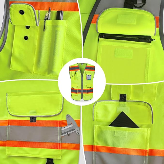TCCFCCT Safety Vest 9 Pockets High Visibility Reflective Safety Vest for Men Women, Hi Vis Work Vest with Fluorescent Orange Extend Edge for Workers, Surveyors, Meets ANSI/ISEA, (DB-Yellow, 3X-Large)