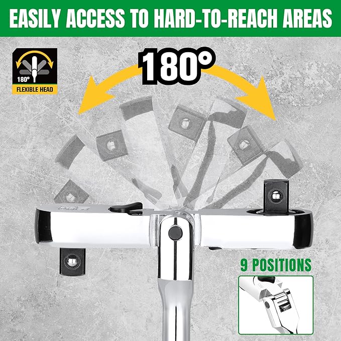 SK 3/8" Drive Flex Head Ratchet Handle, 90-Tooth Ratchet,Premium CR-V Construction, Reversible Design, with Contoured Handle