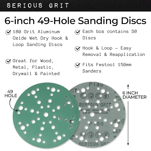 6-Inch 49-Hole 180 Grit Sanding Discs - Heavy-Duty Hook & Loop Film Discs - Sandpaper for Random Orbital Sanders - 50 Pack Box