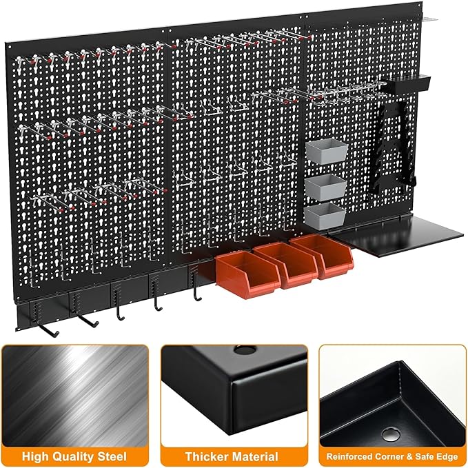 TORACK Metal Pegboard Wall Organizer System for Garage, 109PCS Pegboard Accessories Organizer Kit with Pegboard Bins, Hooks, Peg Locks, Pegboard Storage System for Workbench(Black)
