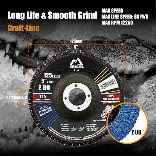 Merryland Flap Disc 5 inch Metal for Angle Grinder, 5inch 80 Grit T29 Flap Wheel 10 Pack, Blue Zirconium Corundum INOX Stainless Steel Iron Universal, Craft-Line FC1108414-10
