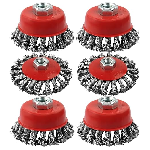 4 Inch Wire Wheel Cup Brush Set for Grinder, WENORA 6 Pack Wire Wheels for 4 1/2 Angle Grinder -5/8 Inch Threaded Arbor -0.02 Inch Carbon Steel Brush for Heavy Cleaning Rust Stripping