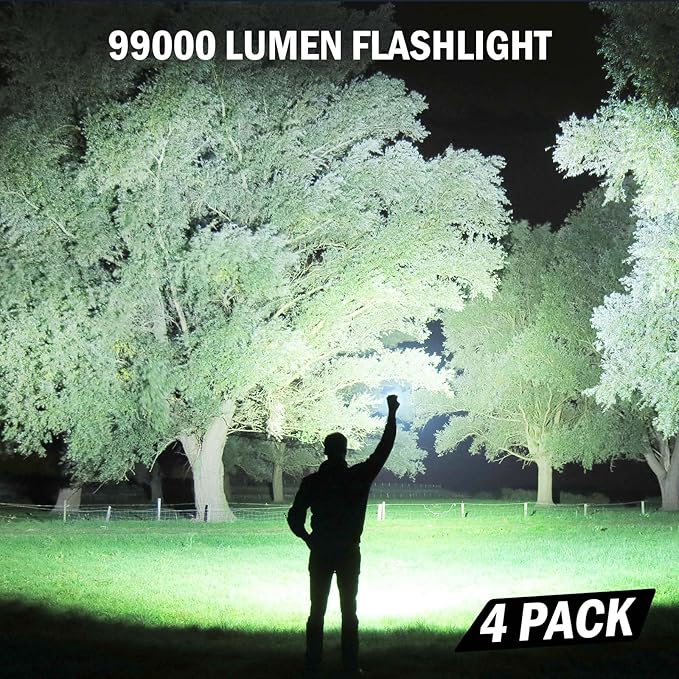 Rechargeable Flashlights High Lumens, 4 Pack 99,000 Lumens Led Flashlights with 5000ɱAh Βattery, Waterproof Powerful Flash Light Multifunctional Flashlights for Home Camping Hiking