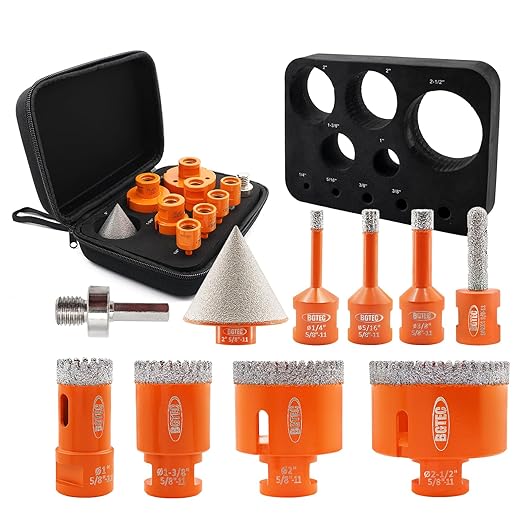 Diamond Core Drill Bit Kit BGTEC Diamond Hole Saw Tile Cutter,5/8"-11 Thread 7pcs 6/8/10/25/35/50/65mm Drill Bits+1pc 10mm Finger Bit+1pc 2" Chamfer Bit+Hex
