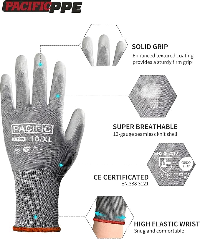 PACIFIC PPE Work Gloves for Men and Women, Touchscreen, 18 Pairs Bulk Pack Mechanic Gloves, PU Coated, Mens Gardening Gloves, Lightweight, Grey, Medium