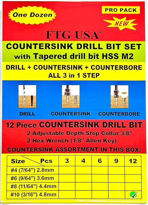 FTG USA 12 Pc #10 (3/16") Countersink Drill Bit Set for Wood with Tapered Drill Bit