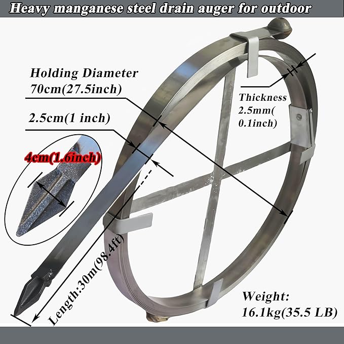 Heavy Duty Sewer Drain Snake for Outdoor,Manual,Flat,Length 15m/49.2ft,Width 2.5cm/1inch,Thickness 2.5mm/0.1inch,Manganese Steel,Sewer Plumbing Snake Tool