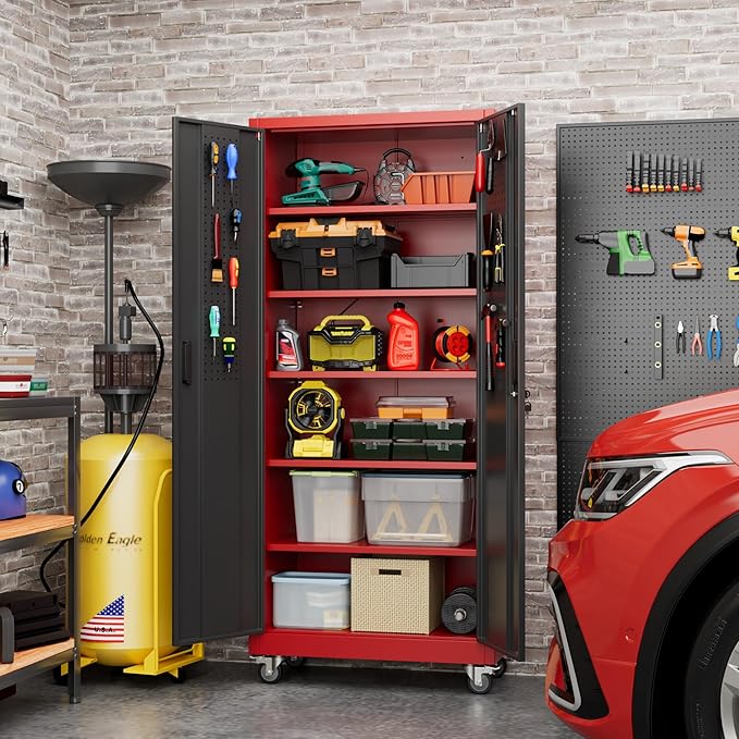 71" Metal Storage Cabinet with Wheels and Pegboard, Lockable Rolling Steel Storage Cabinet with 5 Adjustable Shelves and Door for Garage, Office, Kitchen, Assembly Required,Black and red