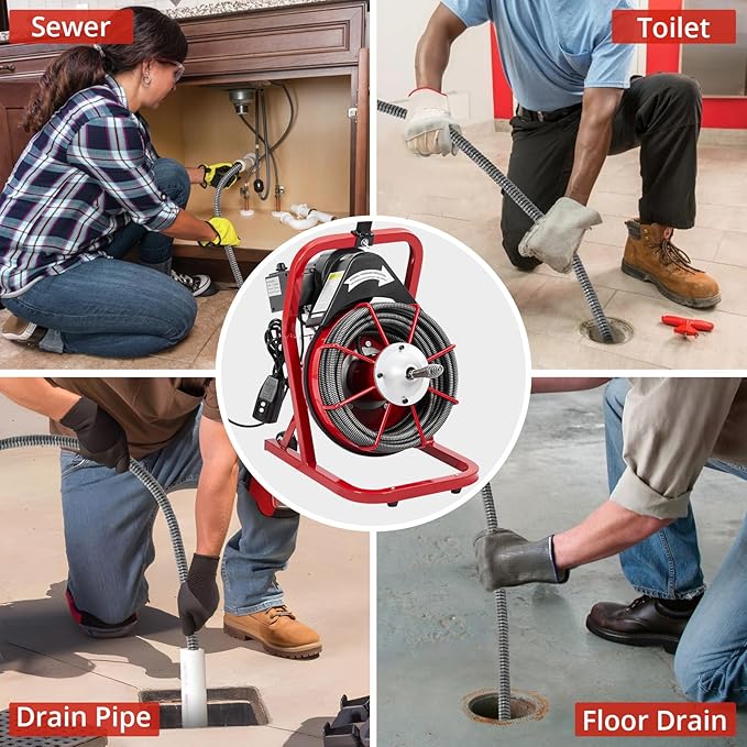 75Ft 3/8 Inch Electric Drain Cleaner Machine Auto Feed Drain Auger for 1 to 4 Inch Pipes Professional Sewer Snake with 4 Cutters Gloves Heavy Duty Clog Remover