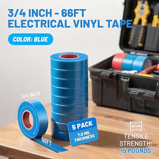 RED WOLF 10 Pack Blue Electrical Tape 3/4 Inch x 66 Ft Industrial Grade UL/CSA Listed 7 Mil Thick Flame Retardant High Temp Waterproof Electrical PVC Tape Electric Super Vinyl Rated 600V